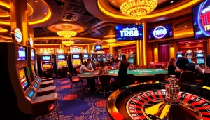 An exciting gaming scene showcasing the thrill of casino play at website TR88 with roulette and poker tables.