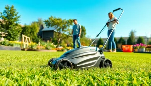 Electric lawn mower cordless cutting grass in a sunny, well-maintained backyard.