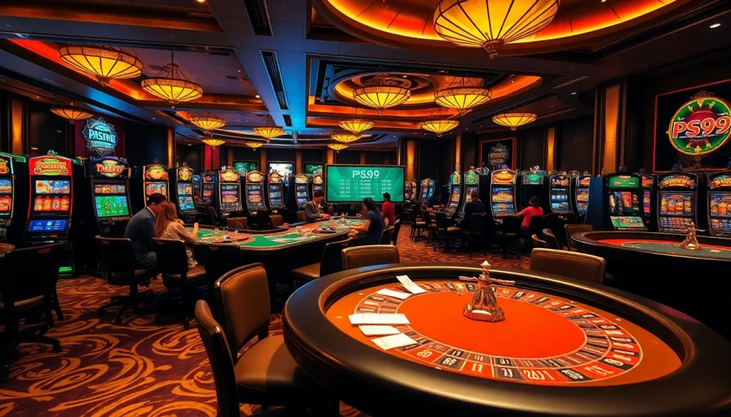 Experience thrilling gameplay at PS99 with vibrant casino gaming tables and slot machines.