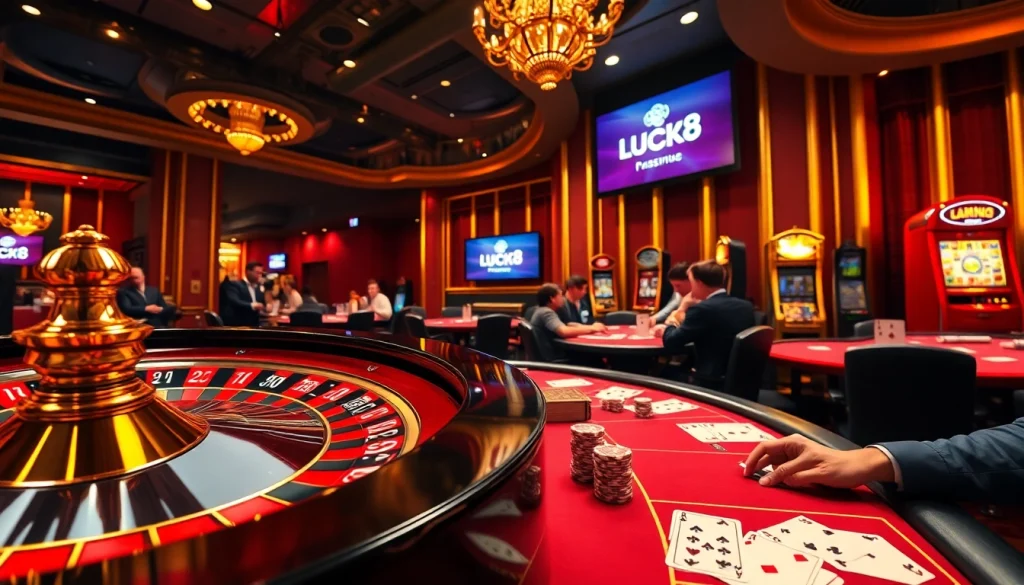Thu hút người chơi tại casino LUCK8, giữa các bàn roulette, poker và máy đánh bạc sống động.