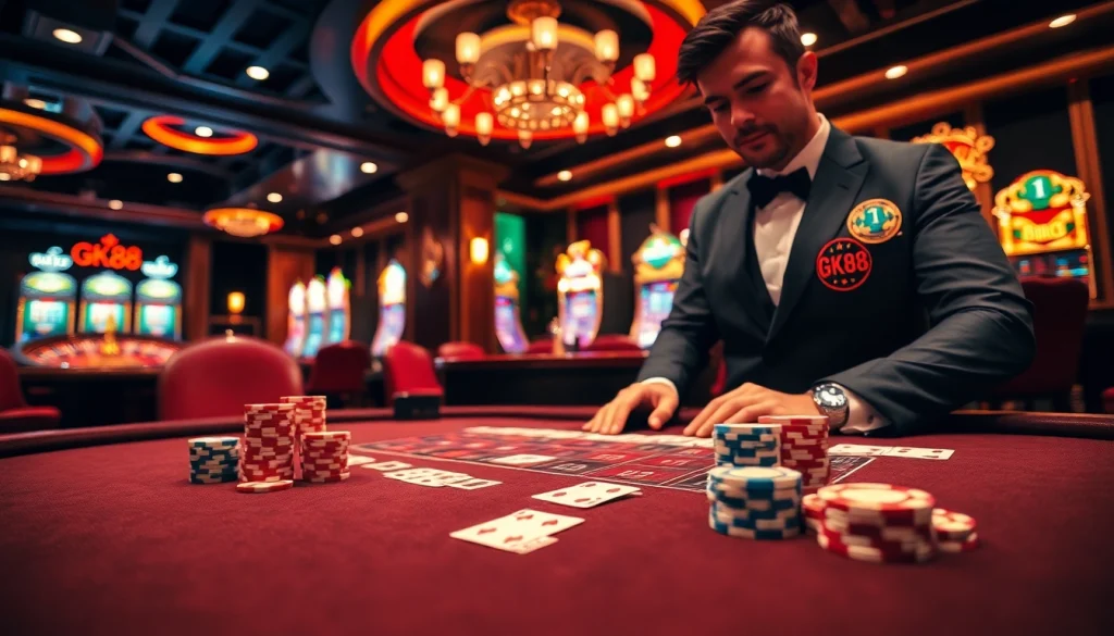 Players experience thrilling gameplay with GK88 poker chips at a luxury casino.