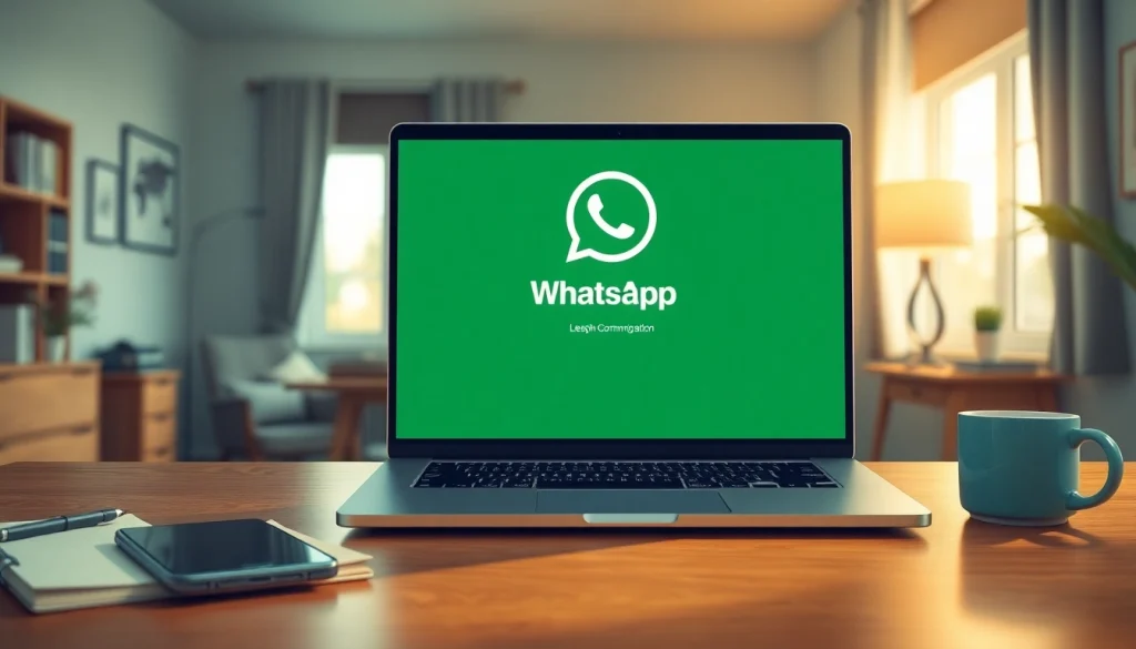 在温馨的家庭办公室环境中，笔记本电脑上显示的 WhatsApp网页版界面。