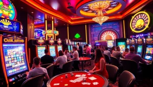 Penjudi yang antusias menikmati permainan slot deposit 1000 pada mesin slot kasino yang penuh warna.