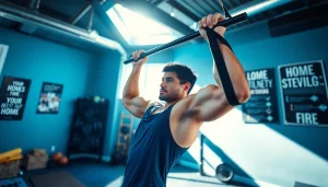 Person using a pull-up assist band in a bright home gym, showcasing strength training.