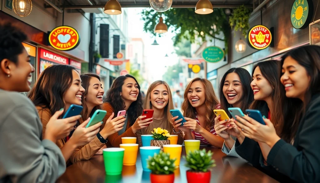 Social media girls enjoying a vibrant moment in a café with smartphones and coffee cups.