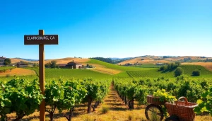 Discover the beauty of Clarksburg, CA, with lush vineyards set against rolling hills and vibrant skies.
