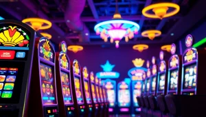 Menggambarkan platform gaming online gudangcuan dengan mesin slot berwarna-warni dan suasana kasino.