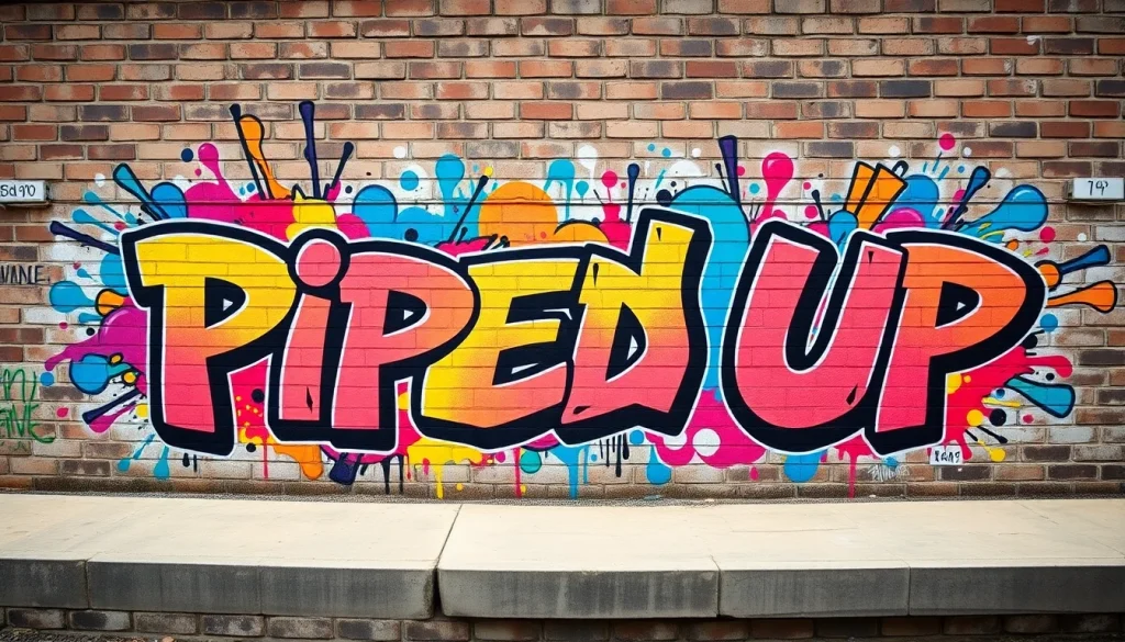 Piped Up graffiti mural on a brick wall showcasing vibrant street art symbols.