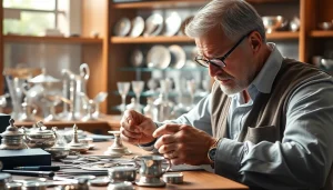 Silberankauf-Experte prüft Silberobjekte in einem eleganten Geschäft