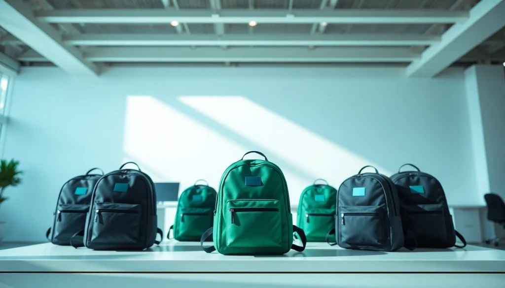 Kuprinės su logotipo spauda rodomos profesionalioje aplinkoje, demonstruojančios įvairius stilius reklaminei naudojimui.