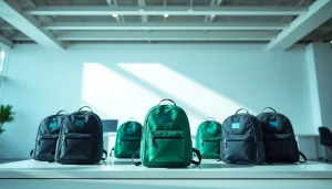 Kuprinės su logotipo spauda rodomos profesionalioje aplinkoje, demonstruojančios įvairius stilius reklaminei naudojimui.