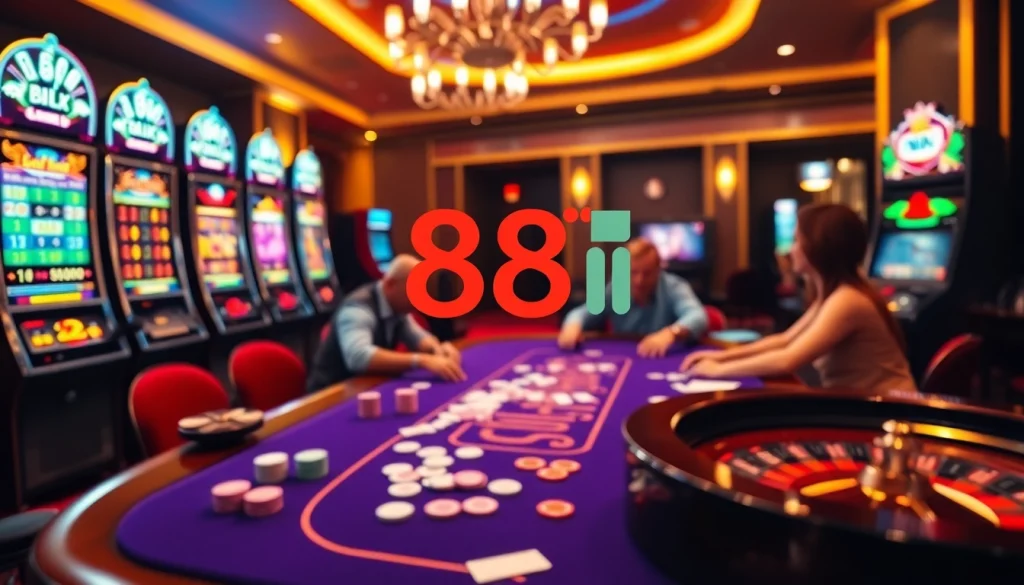 Engage with thrilling games at 88i's vibrant online casino, featuring poker tables, slot machines, and roulette wheels.