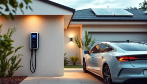Home EV charger installed on a garage wall, showcasing modern design and eco-friendliness.
