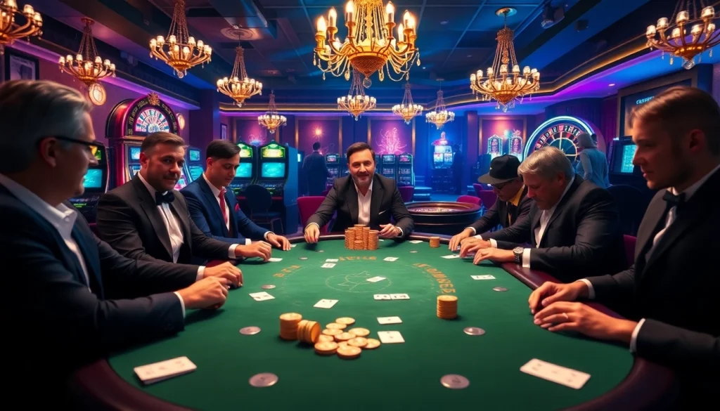 Experience the excitement of 555 win at a luxury casino poker game with eager players and vibrant colors.