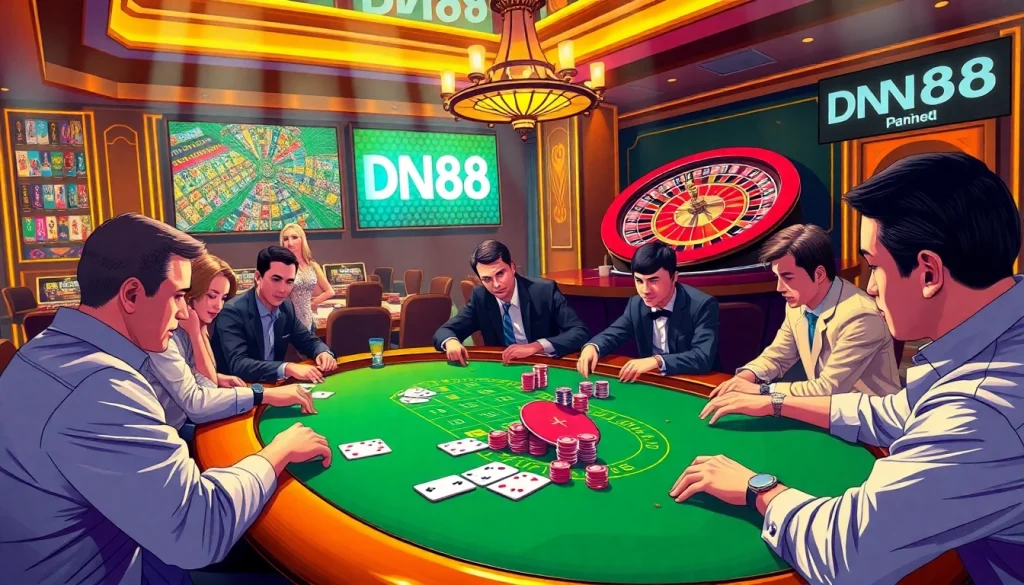 Experience the excitement at DN88's poker table with colorful chips and spinning roulette.