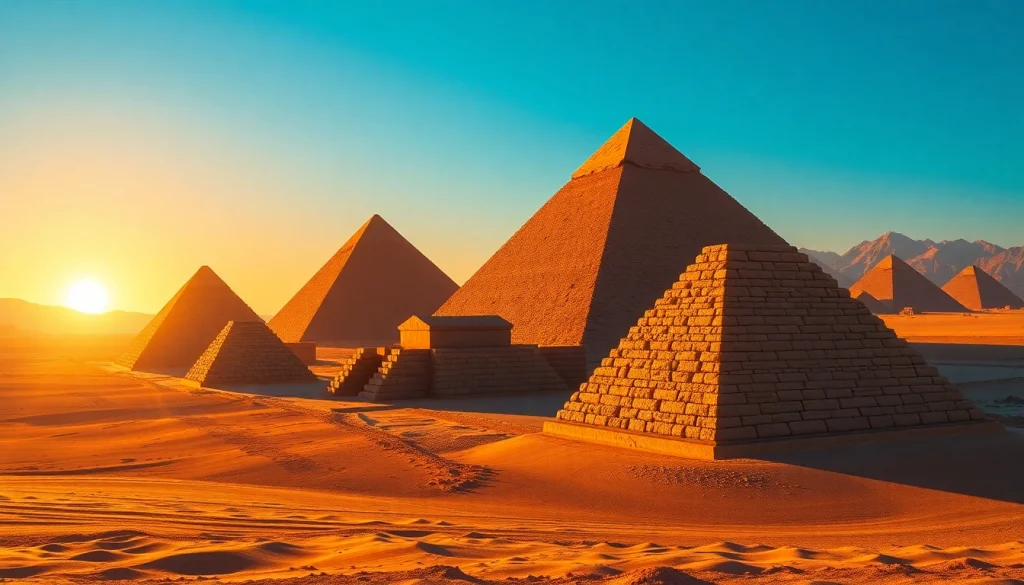 Piraminds revealing the grandeur of ancient pyramids against a sunset backdrop.