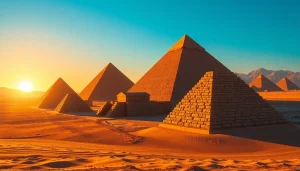 Piraminds revealing the grandeur of ancient pyramids against a sunset backdrop.