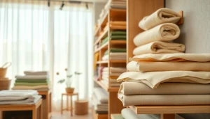 Bekijk hoogwaardige linnen stoffen in verschillende kleuren, prachtig gepresenteerd in een winkel.