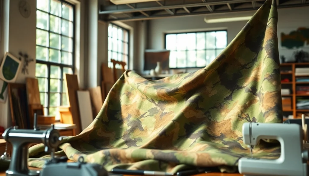 Legerprint stof met een gedetailleerd camopatroon zichtbaar in een creatieve werkomgeving.