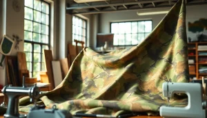 Legerprint stof met een gedetailleerd camopatroon zichtbaar in een creatieve werkomgeving.