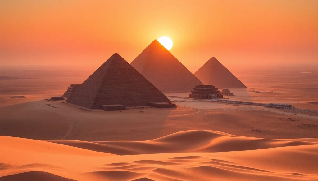 Witness stunning pyramids of Giza at https://piraminds.com/ with breathtaking sunset view showcasing ancient architecture.