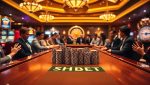 Players engaging with a vibrant SHBET casino table, encapsulating excitement and luxury.