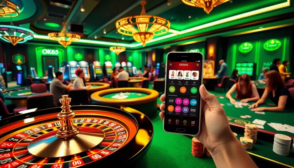 Experience intense gaming action at OK365 with bustling casino tables and vibrant slot machines.