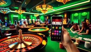 Experience intense gaming action at OK365 with bustling casino tables and vibrant slot machines.