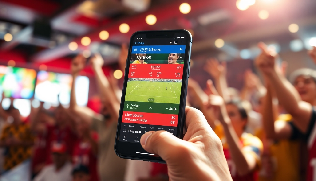 Engaging smartphone app showing ผลบอลสด scores amidst a lively sports bar ambiance.