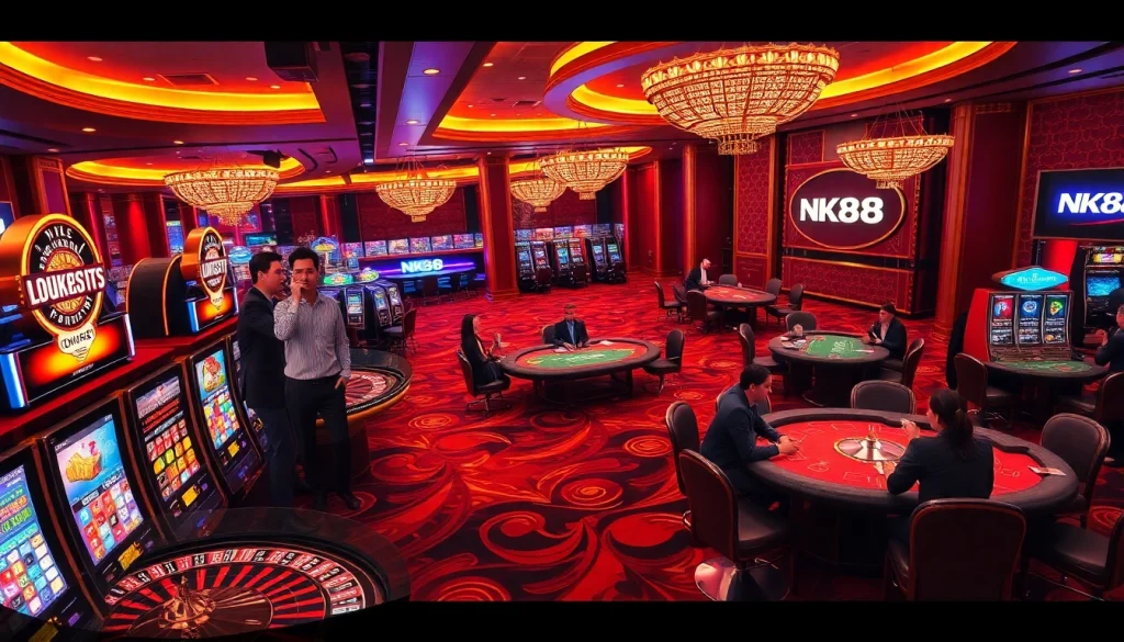 Experience the thrill of NK88 in a vibrant casino atmosphere with dynamic gaming tables and players engaged.