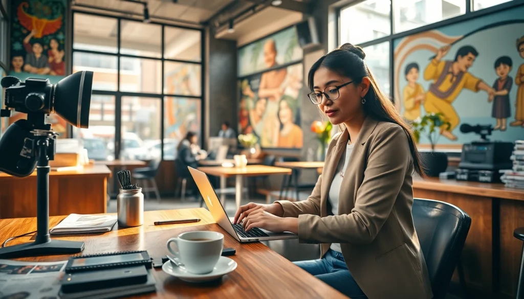 Engaged journalist embodies Tampa Free Press spirit in a vibrant café setting.