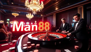 Experience the thrill at Man88’s casino with players enjoying roulette and vibrant slot machines.