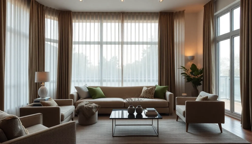 Verduisterende gordijnen in een stijlvolle woonkamer creëren een ontspannen sfeer.