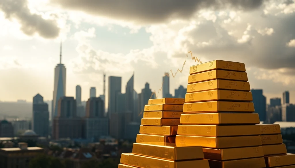Visual representation of the gold price with dynamic graphs and gold bars, showcasing financial trends.