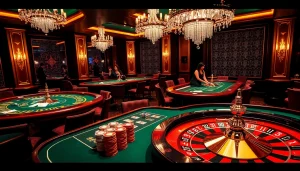 Người chơi đang tận hưởng các trò chơi casino LUCK8, được bao quanh bởi những chiếc chip poker rực rỡ và một bánh xe roulette đang quay.
