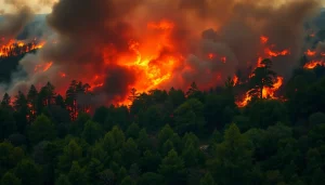 Firefighters battling wildfire events amidst dense smoke and flames in a forest.