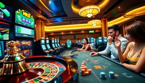 Excited gamblers betting on games at https://mk8th.net/ with vibrant casino visuals.