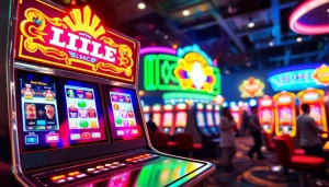 Permainan slot depo 1k yang menarik dengan tampilan mesin slot berwarna-warni dan suasana kasino yang energik.