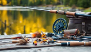 Explore a detailed fly fishing kit set with essential gear on a rustic table beside a lake.