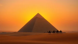 Piraminds towering over the desert as sunlight bathes their ancient stones.