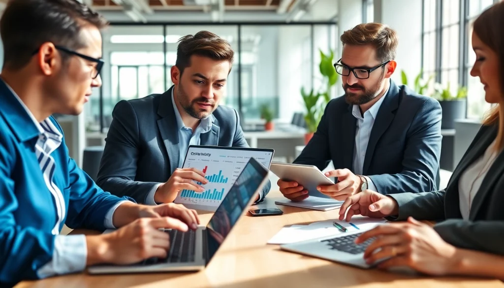 Analyze and find competitor pricing with business team using digital tools in modern office.