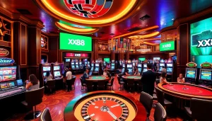 Players enjoying a vibrant gaming experience at XX88 Casino, featuring colorful slot machines and poker tables.