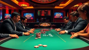 Engaging scene of poker players experiencing רמי אונליין excitement at a luxury casino.