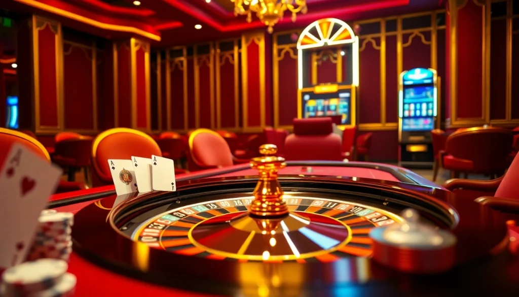 Players enjoy the thrill of J88 at a lavish casino table under glamorous lighting.