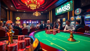 Experience high-stakes gameplay at MM88's luxurious casino environment, featuring a vibrant poker table and roulette.