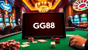 Players engaging in exciting online gambling at GG88, surrounded by vibrant casino elements.