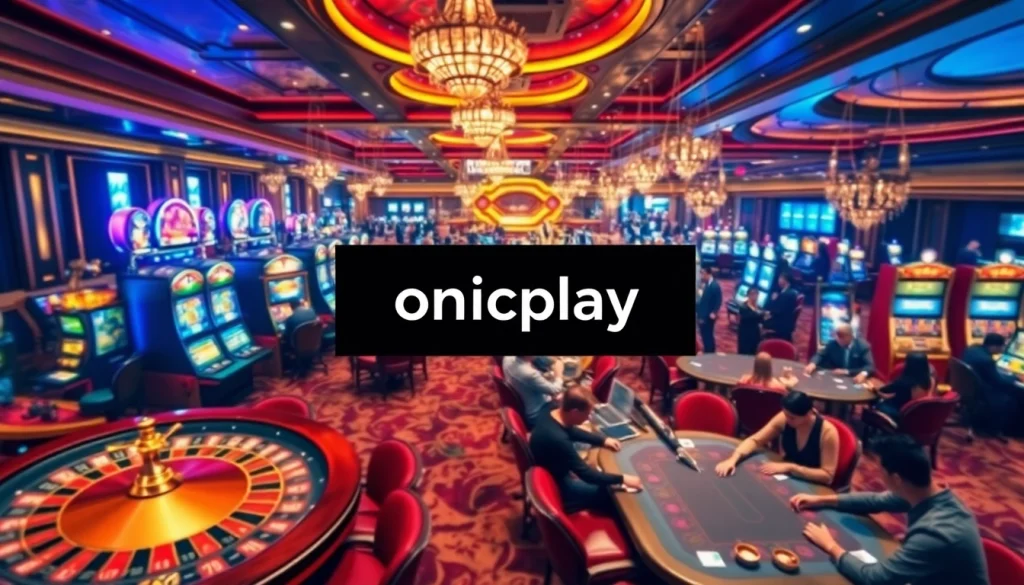 Engaging gaming scene at a casino featuring onicplay digital elements and vibrant gambling activities.