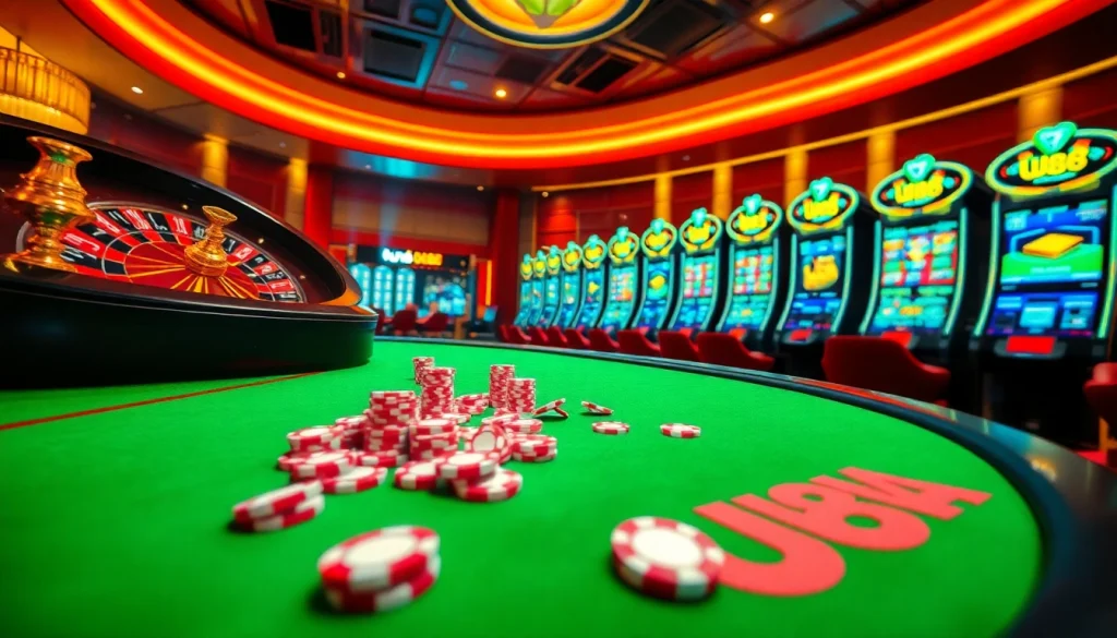 UU88 players engaging in an exciting online casino experience with poker chips and a roulette wheel.