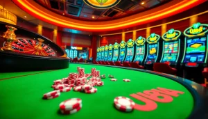 UU88 players engaging in an exciting online casino experience with poker chips and a roulette wheel.