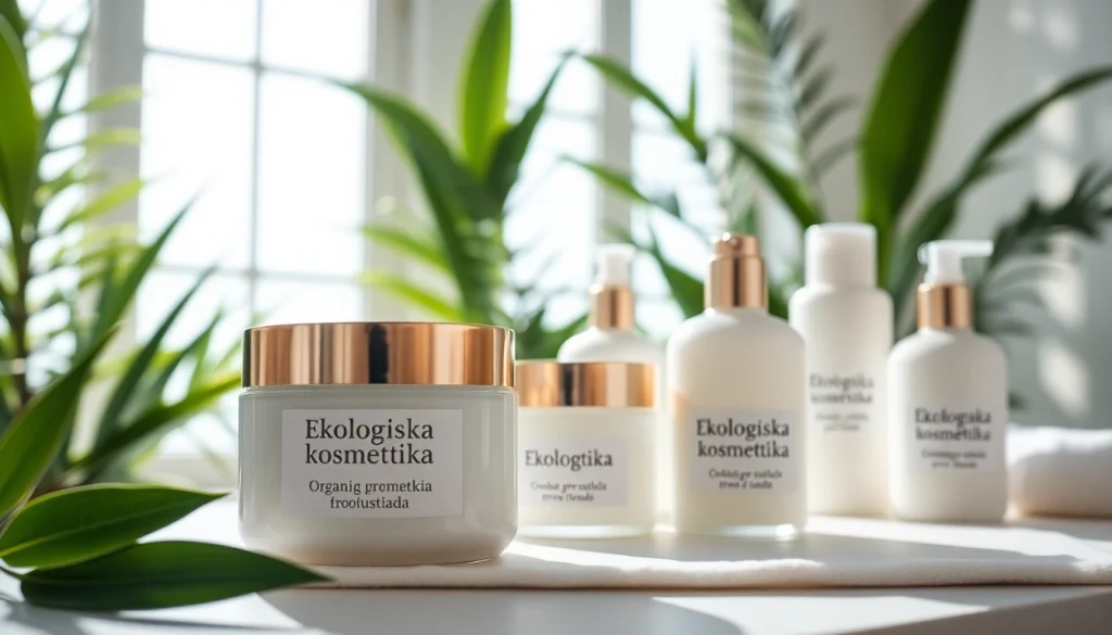 Ekologiska kosmetika produktai, patraukliai eksponuojami elegantiškame SPA.